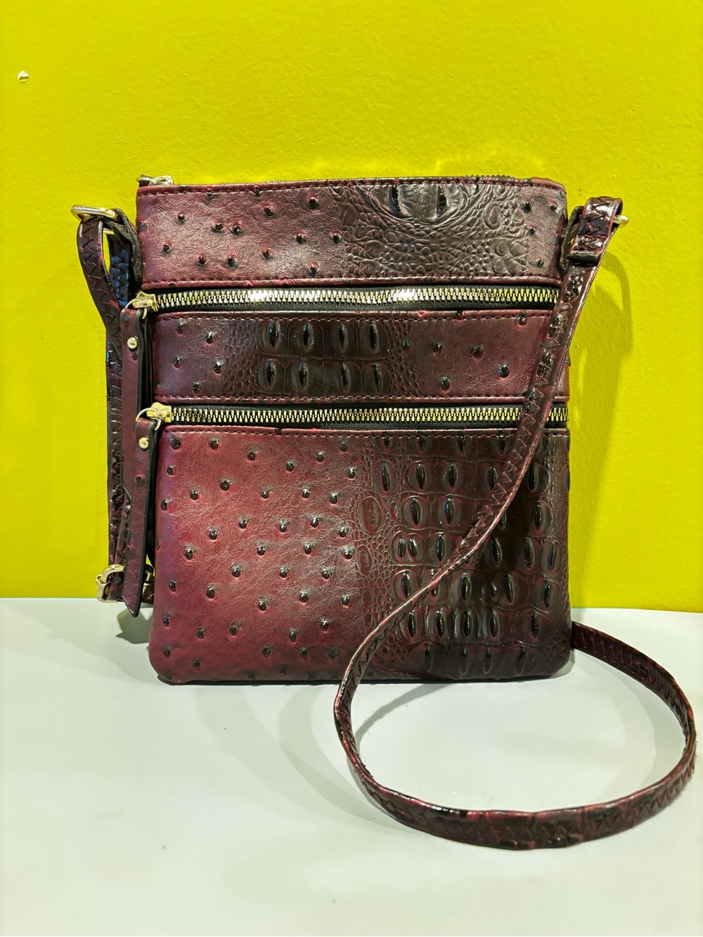 Crossbody Bag in Deep Burgundy Faux Ostrich